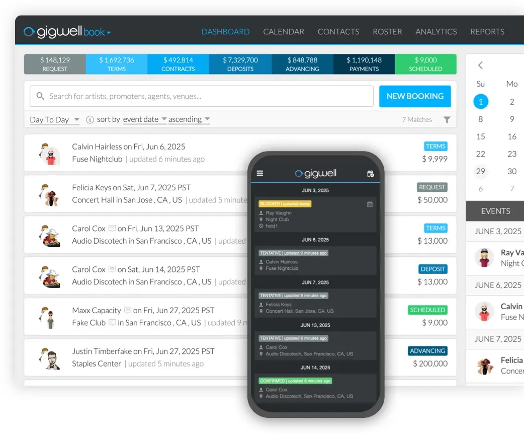 Het boekingsdashboard en de mobiele app van Gigwell. Screenshot: gigwell.com